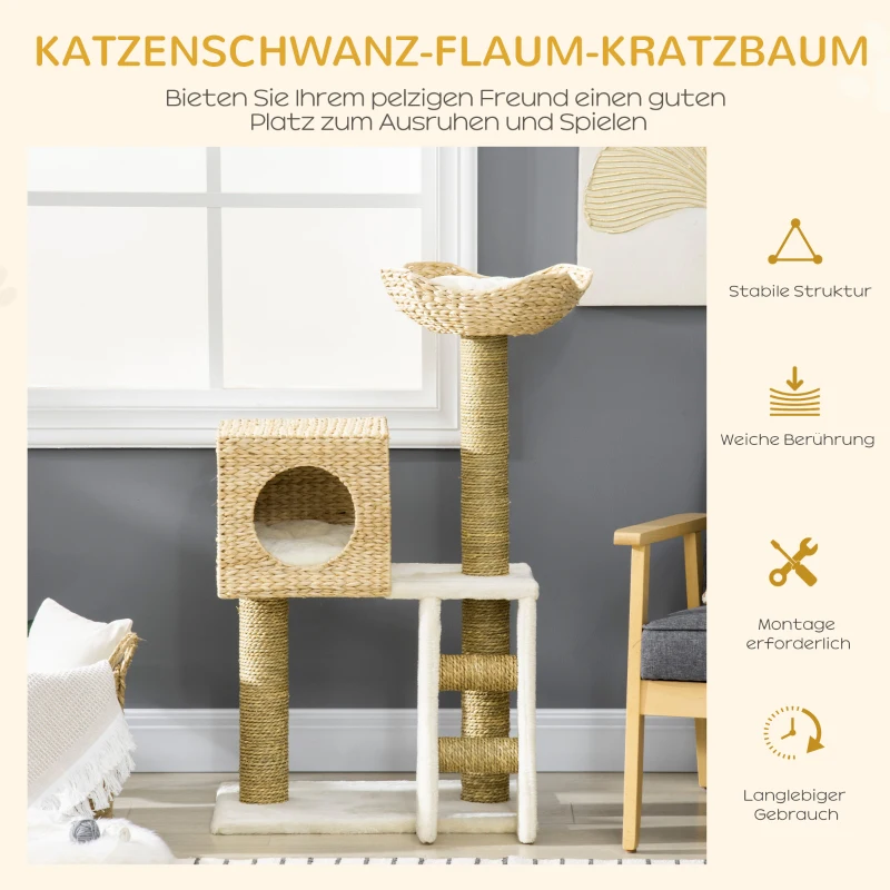 PawHut Krabpaal met Kattenhuis, Sisal Krabpalen, Wasbare Kussens, 100,5H x 57L x 37B cm, Wit/Natuur