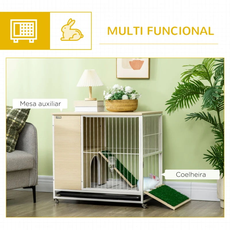 PawHut Coelheira de Madeira com Rodas Móvel Coelheira com Teto Abatível Bandeja Amovível Bebedouro e Rampa 78x52,5x76,5cm Carvalho