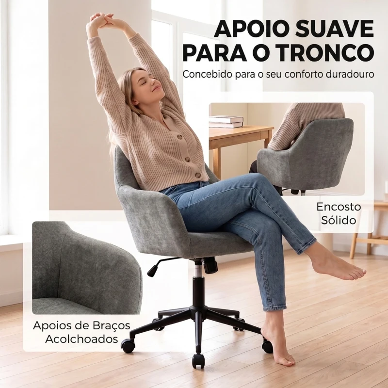 HOMCOM Cadeira de Escritório em Chenille com Rodas, Função Basculante, Altura Ajustável e Acolchoamento Espesso, Cinzenta