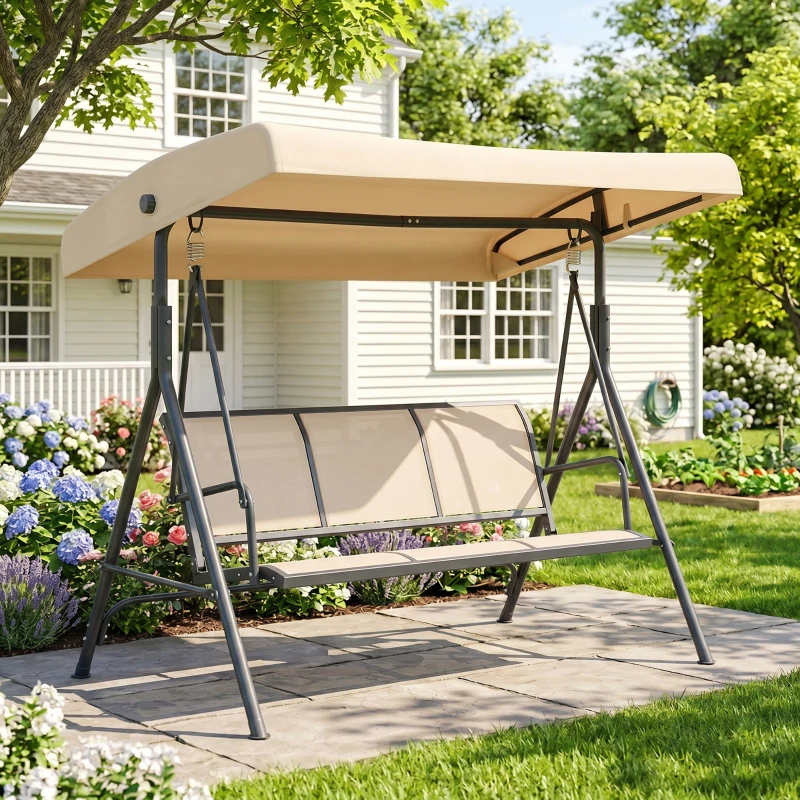 Outsunny Baloiço de Jardim Exterior de 3 Lugares com Toldo Reclinável Assento Respirável e Estrutura de Aço 175x118x159 cm Bege