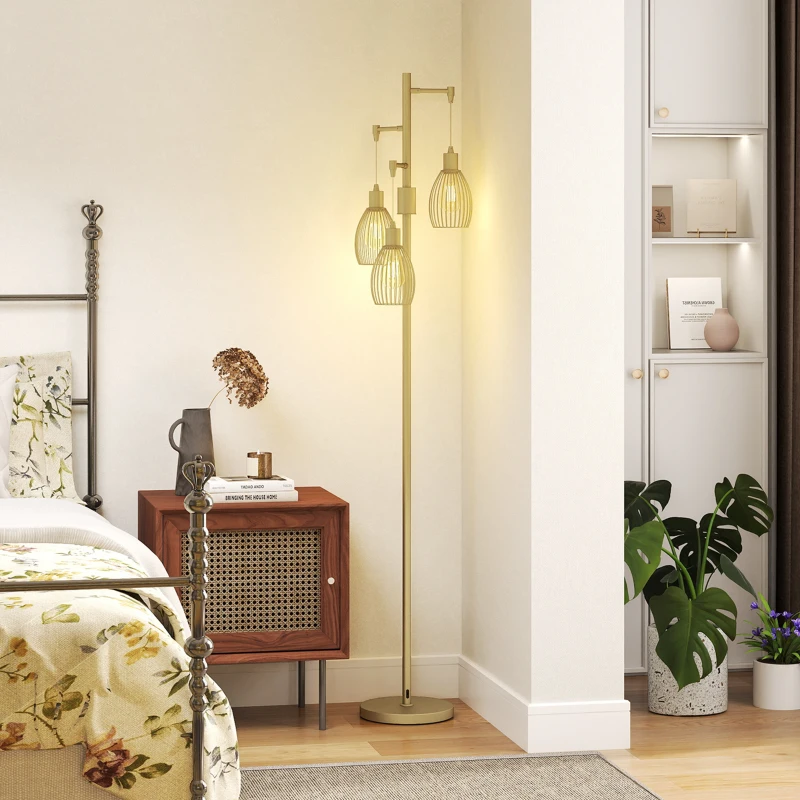 HOMCOM 3-Light Floor Lamp, 170cm Industrial Dimmable Standing Lamp with Steel Wire Cage Lampshades for Living Room, Bedroom, Dining Room, Study, Bulb Not Included, Gold Tone