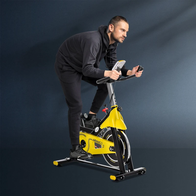 HOMCOM Fahrradtrainer höhenverstellbarer Heimtrainer Fitnessfahrrad Rollentrainer mit Riemenantrieb LCD-Display Stahl ABS Gelb+Schwarz+Grau 45,5 x 100 x 101-113 cm
