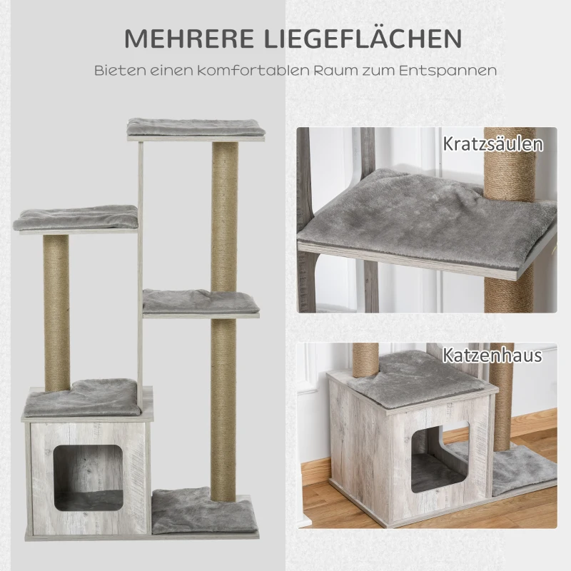 PawHut kattenboom krabpaal kattenmeubel, activity center klimrek pluche grijs