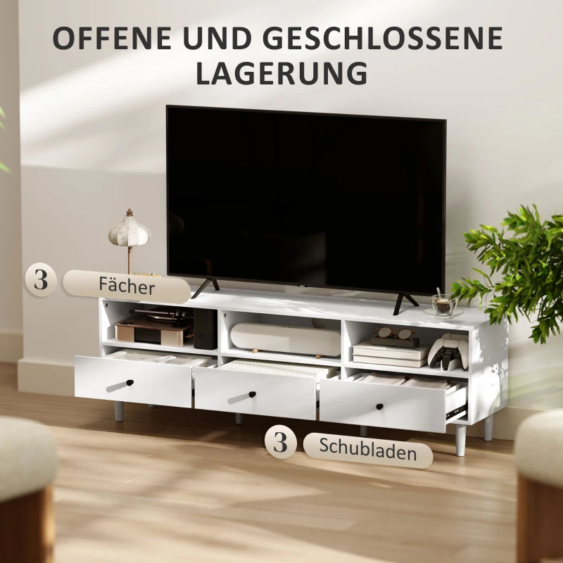 HOMCOM TV-Kommode, TV-standaard voor 190,5 cm schermen, 3 open vakken, 3 laden, spaanplaat, wit