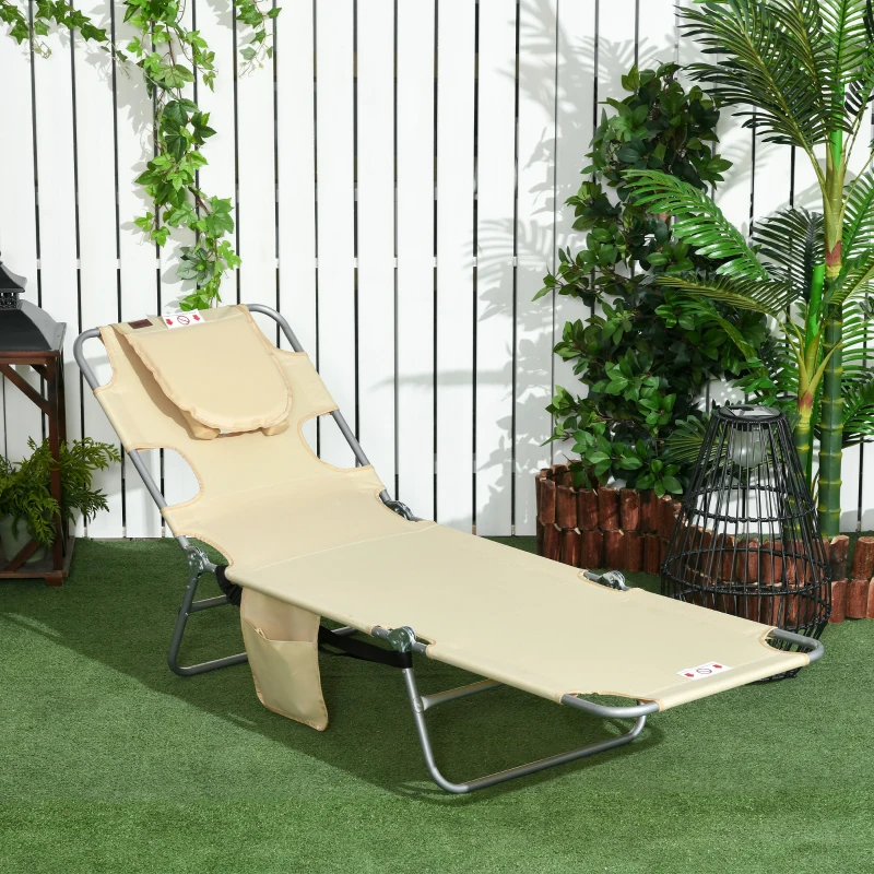 Outsunny Gartenliege, Liegestuhl mit gepolsterter Gesichtsöffnung, Massage-Liege für draußen, Seitentasche, Stoff, Metall, Beige