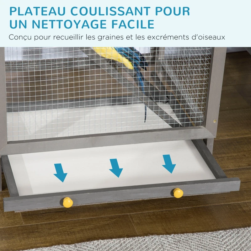 PawHut Cage à oiseaux volière en bois massif grande taille 2 portes toit asphalte tiroir amovible 68 x 63 x 165 cm gris