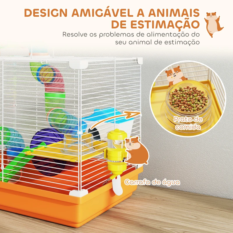 PawHut Gaiola para Hamster com Túnel Prato Bebedouro Casinha Rampa Roda de Exercício Bandeja Removível 46x30x37 cm Laranja