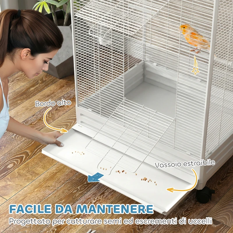 PawHut Voliera per Uccelli a Rotelle con Vassoio Estraibile, Posatoi e Mangiatoie, in Acciaio, 79x65x155 cm, Bianco