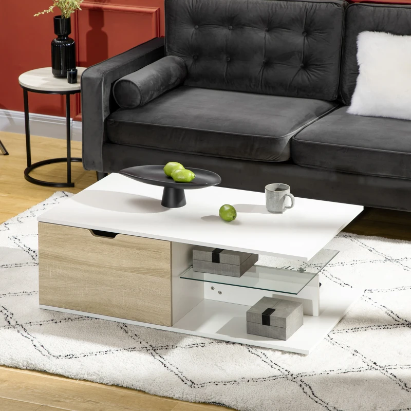 HOMCOM Mesa de Centro Moderna para Sala de Estar com Prateleira de Vidro Temperado e 2 Gavetas 106x58x39cm Branco e Madeira