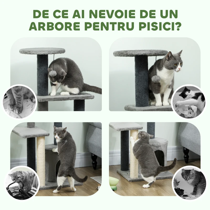 PawHut Copac pentru Pisici, cu mai multe niveluri, înalt de 103 cm, cu stâlpi pentru zgâriat din sisal, căsuță și bilă din pluș, gri