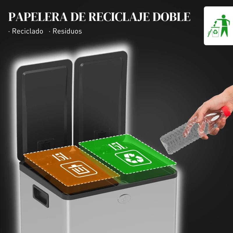 HOMCOM Papelera de Cocina de Acero Inoxidable con 2 Compartimentos 2x15L Pedales Tapas de Cierre Suave y Cubo Extraíble Plata