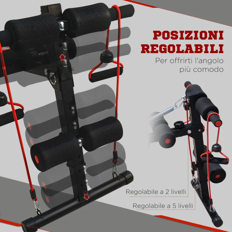 HOMCOM Panca Multifunzione con Vogatore a Molla e Schienale Regolabile e 2 Corde Elastiche, 55.5x137.5 cm Nero