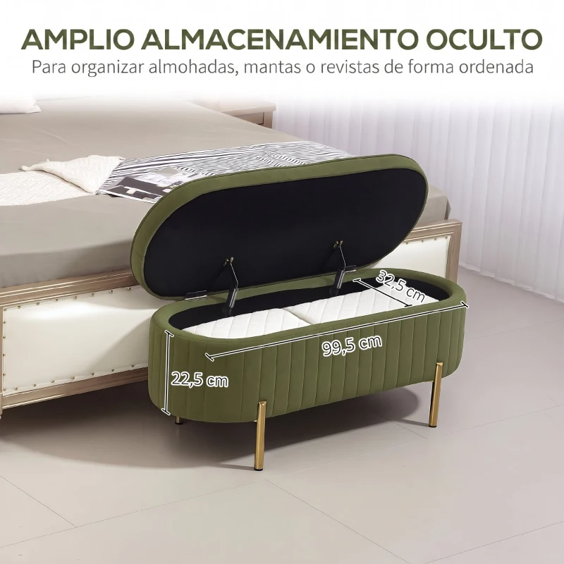 HOMCOM Banco para Pie de Cama con Almacenaje Tapizado en Terciopelo Patas Doradas y Diseño Elegante Ovalado 108x44x43,5cm Verde Oscuro