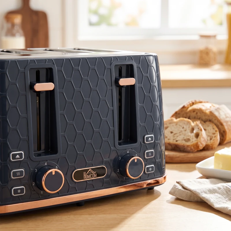 HOMCOM Toaster 4 slice, Toaster with 7 Browning Levels, High Lift, Reheat/Defrost/Cancel, Self-centring Function, Dark Blue