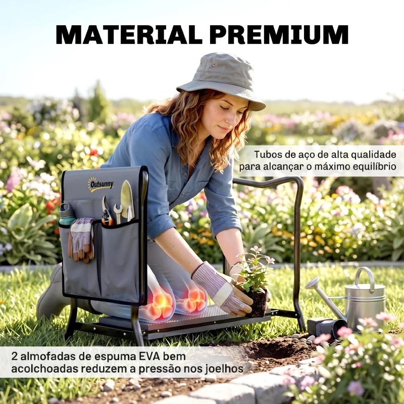 Outsunny Banco de Jardim Dobrável com Almofada de Espuma EVA Saco para Ferramentas 58x28x49 cm Cinzento
