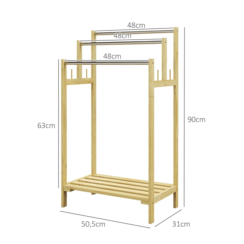 HOMCOM Toallero de Pie de Bambú con 3 Barras de Acero Inoxidable Estante Abierto 50,5x31x90 cm Natural