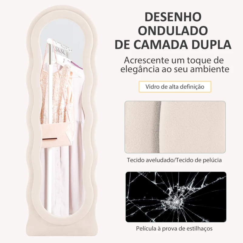 HOMCOM Espelho de Pé 50x160 cm Espelho de Corpo Inteiro ou de Parede com Desenho Assimétrico e Estrutura de Veludo Creme