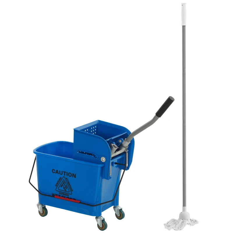 HOMCOM Balde de Limpeza com Escorredor, Painel Separador e Rodas Capacidade de 20L para Limpeza Doméstica 45x26,5x70 cm Azul