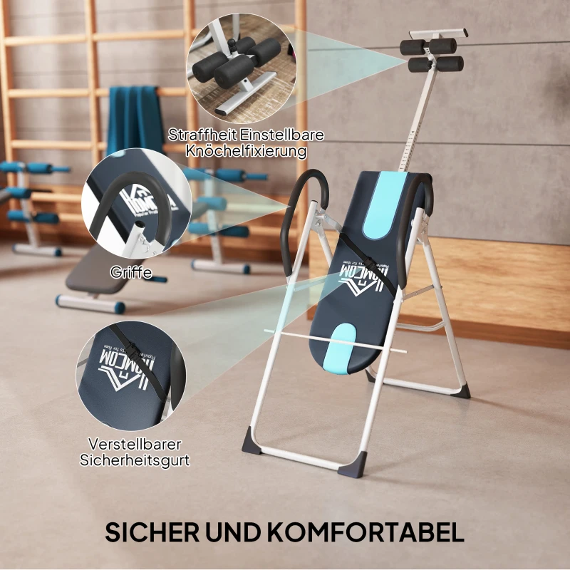 HOMCOM Inversionsbank klappbar Schwerkrafttrainer mit Sicherheitsgurt Inversionstisch bis 136kg Stahl Silber+Schwarz+Blau