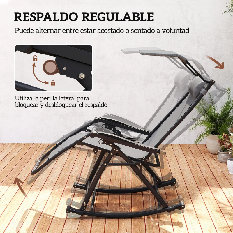 Outsunny Silla Mecedora de Jardín Plegable Tumbona Reclinable con Techo Protección Solar Reposacabezas Extraíble y Reposapiés Estructura de Acero 120x67x102 cm Gris