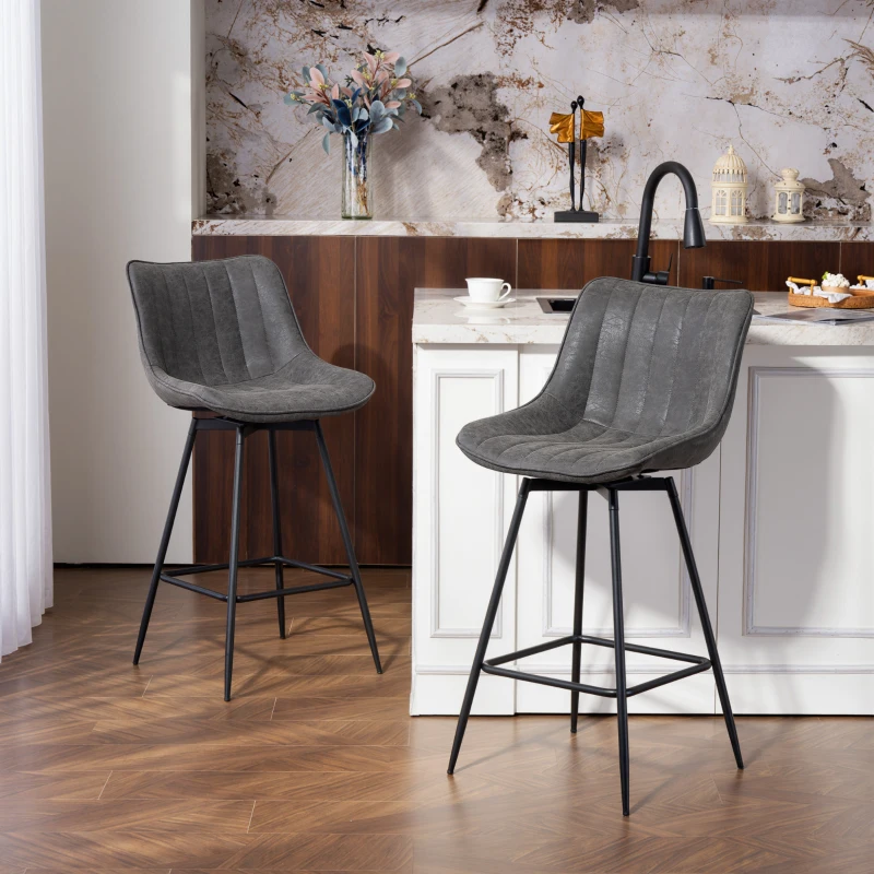 HOMCOM Set of 2 PU Leather Swivel Bar Stools - Grey
