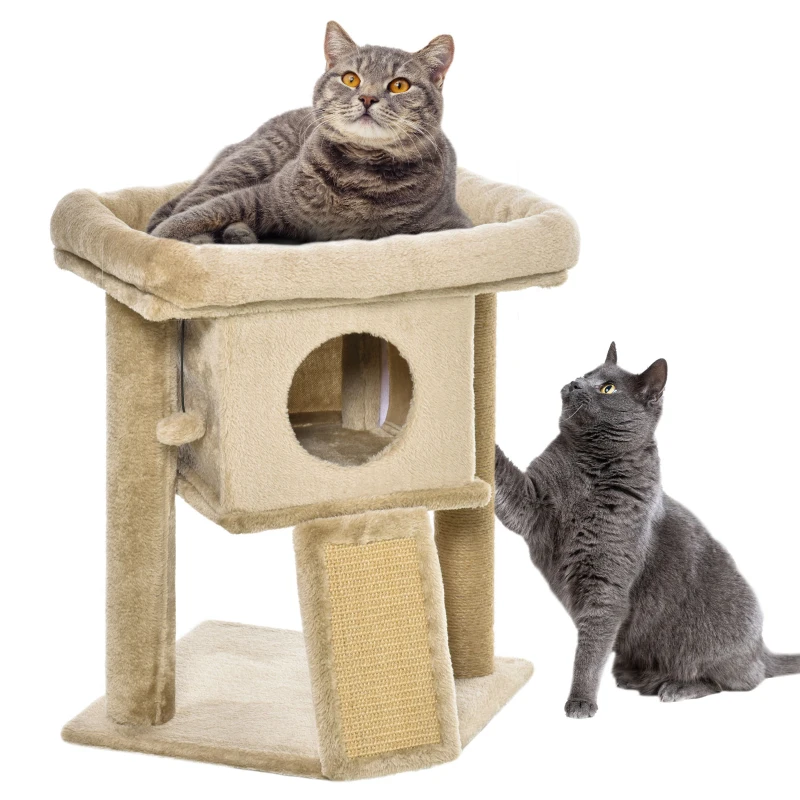 PawHut Krabpaal met jute krabmat, ligplatform, speelbal, kattenhuis, koffiebruin, 40 x 40 x 57 cm