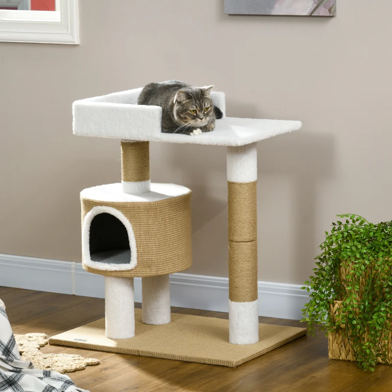 PawHut Krabpaal Kattenboom Kattenhol, 1 Kattenhol, 1 Ligvlak, 70 cm x 49 cm x 79 cm, Natuur + Wit