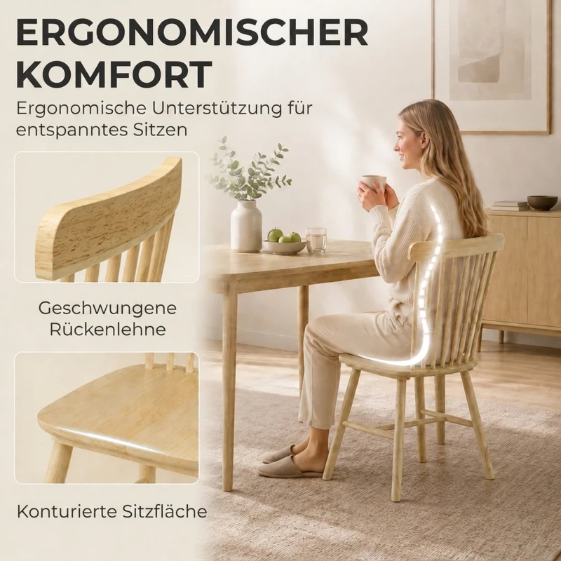 HOMCOM Esszimmerstühle 2er Set Küchenstühle Moderner Polsterstuhl mit Geschwungener Rückenlehne aus Kautschukholz für Esszimmer