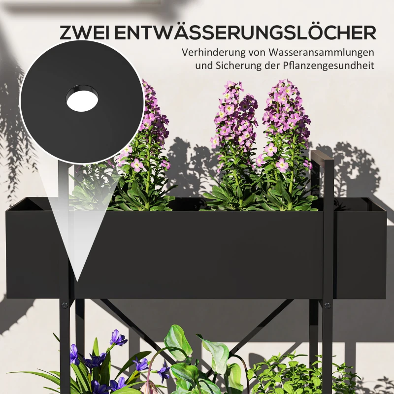 Outsunny Plantenstandaard met 2 lagen, afvoergaten, voor binnen en buiten, Metaal, Zwart