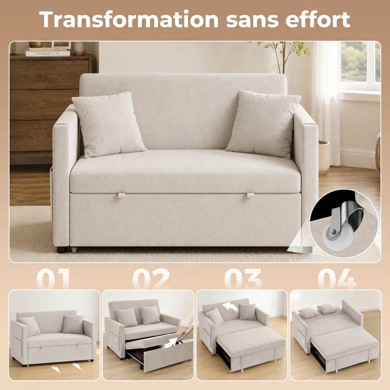 HOMCOM Canapé Convertible 2 Places 3 en 1, Canapé-Lit Clic Clac en Velours Hollandais, Dossier Réglable, 2 Oreillers, Beige