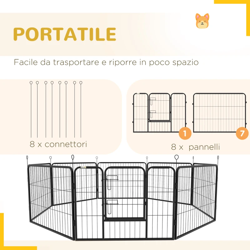 PawHut Recinto per Cani a 8 Pezzi Modulabili per Interno ed Esterno, in Acciaio , 80x60 cm, Nero
