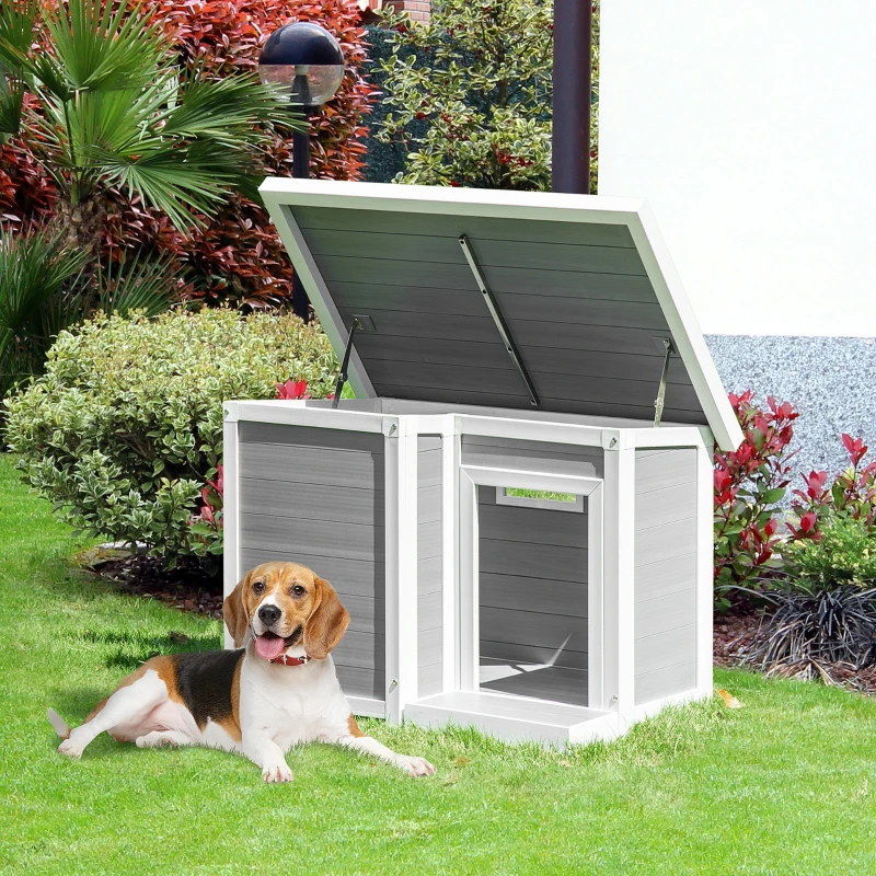 PawHut Casetta per Cani da Esterno con Porta e Terrazza, Cuccia per Cani di Taglia Media, Tetto Apribile e Finestra, Grigio