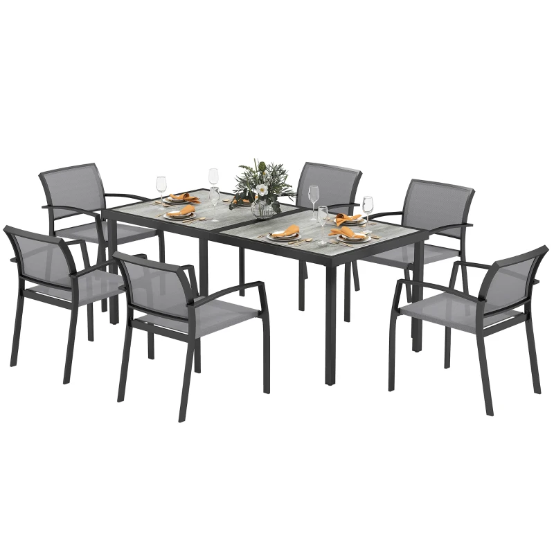 Outsunny 7-delige eettafelset, 6 stoelen, 1 tafel, stapelbaar, gemakkelijk te reinigen, stalen frame, tuinmeubelset, grijs