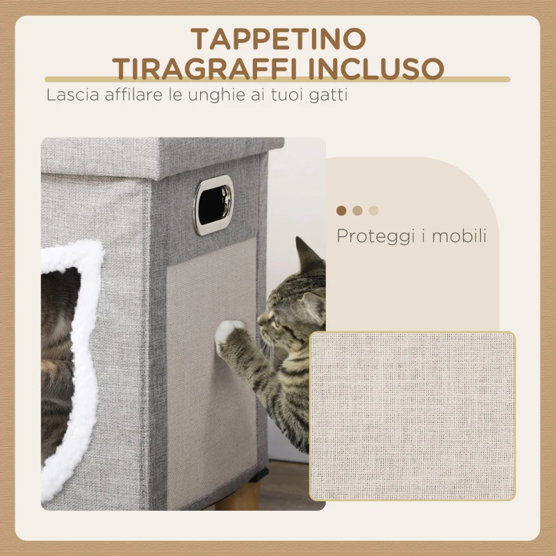 PawHut Casetta per Gatti con Tiragraffi, Cuscino e Pallina, in Legno e Poliestere, 35.5x35.5x42.5 cm, Crema e Grigio