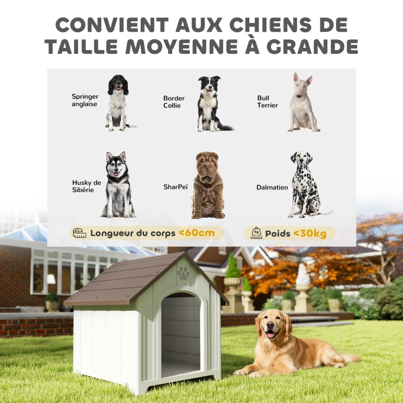 PawHut Niche pour chien extérieur, maison chien en polypropylène imperméable ventilé plancher surélevé 88x79x89cm gris clair