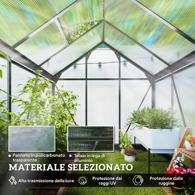 Outsunny Serra in Policarbonato e Alluminio con Porta Scorrevole, Presa d'Aria e Grondaia, 1.9x1.9x2m, Grigio