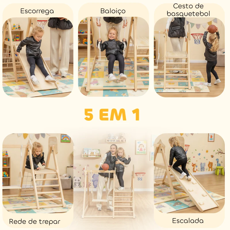 AIYAPLAY Escorrega Infantil 5 em 1 Estrutura de Escalada de Madeira com Escorrega Baloiço Cesto de Basquetebol 140x172,5x116,5 cm Madeira