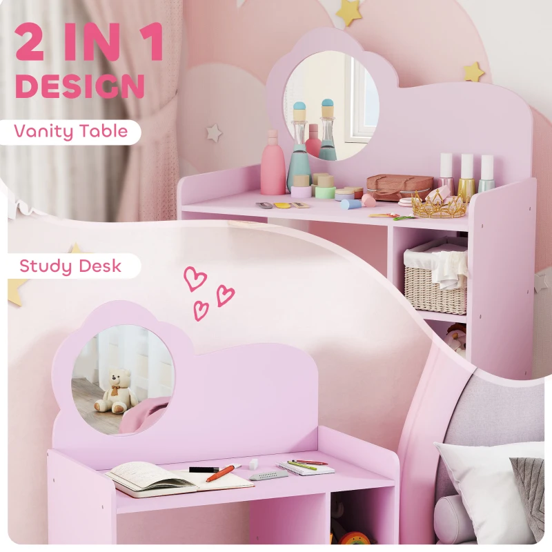 AIYAPLAY Kids Dressing Table with Mirror, Stool, Kids Vanity Table with Shelves, for Ages 3-8 Years, Purple