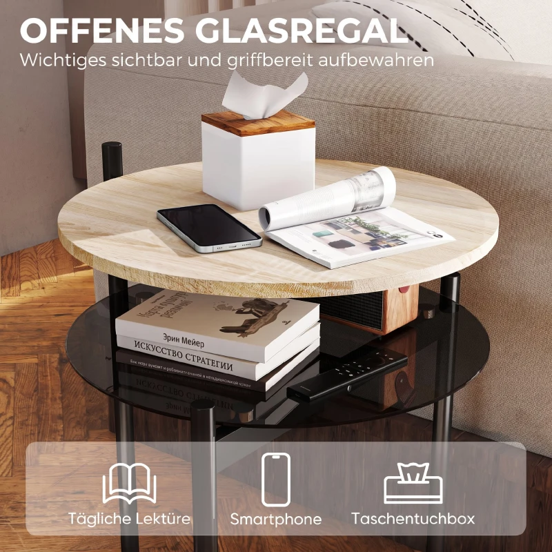 HOMCOM Ronde bijzettafel met open glazen legplank voor kleine ruimtes, 41,8 x 39,8 x 53,5 cm, eiken