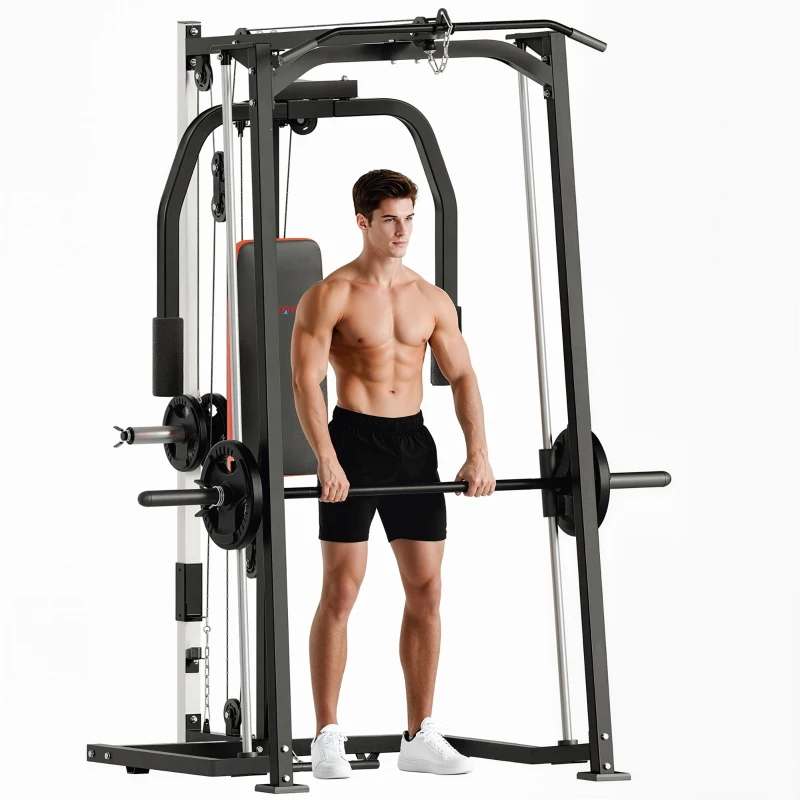 SPORTNOW 3-in-1 Smith Machine with Dual Cable Pulley System, Chest Press Station, 17-Level Squat Rack and Barbell Bar