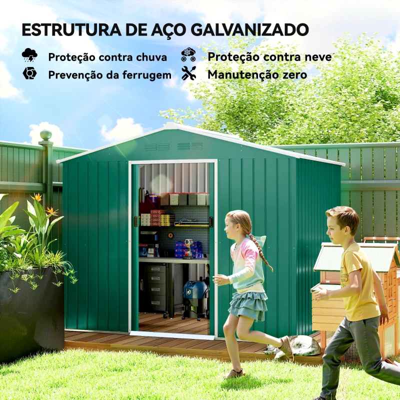 Outsunny Abrigo de Jardim Exterior 3,6 m² 236x171x191 cm com Portas Deslizantes e Ranhuras de Ventilação Verde