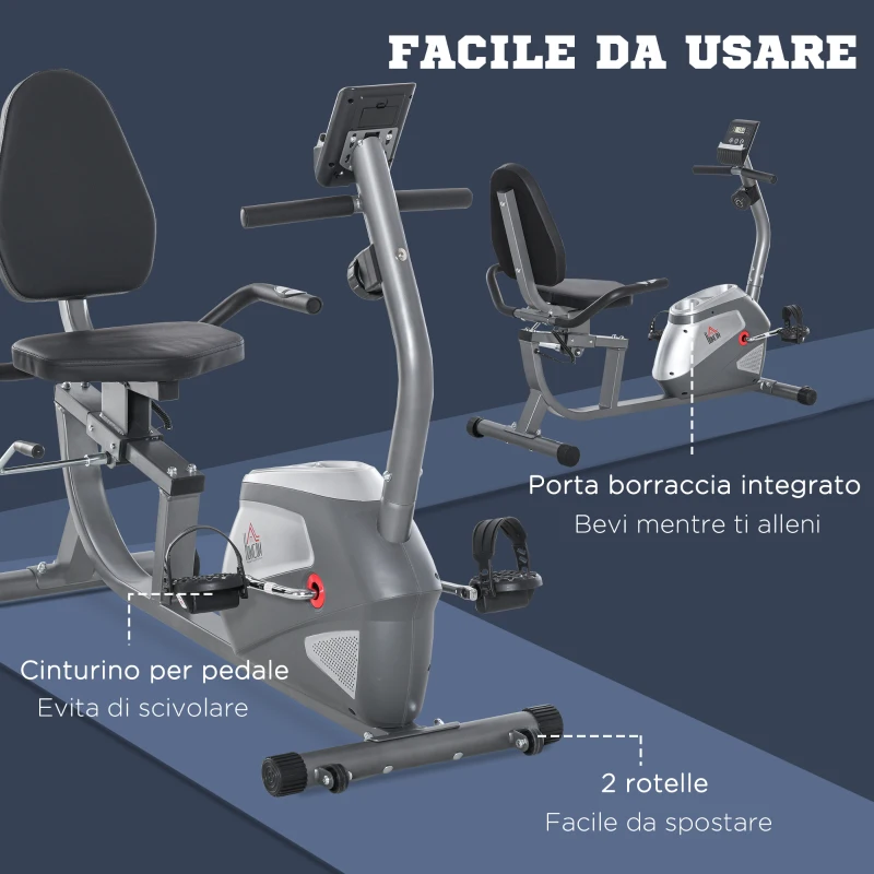 HOMCOM Cyclette Orizzontale con Seduta Regolabile, 8 Resistenze e Monitor LCD, 121.5-136x62.5x98cm, Grigio