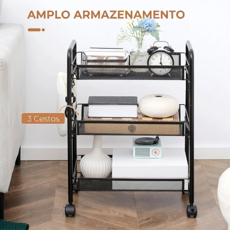 HOMCOM Carrinho de Cozinha em Aço com 3 Cestos e Rodas, Suporta 9 kg, Cozinha, Casa de Banho e Lavandaria 45x26,5x63 cm,  Preto