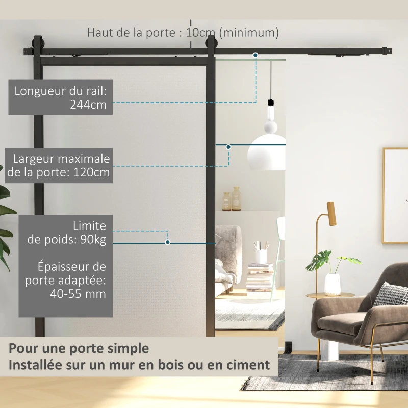 HOMCOM 244 CM quincaillerie de porte coulissante sans perçage kit de rail pour porte de grange simple en acier noir