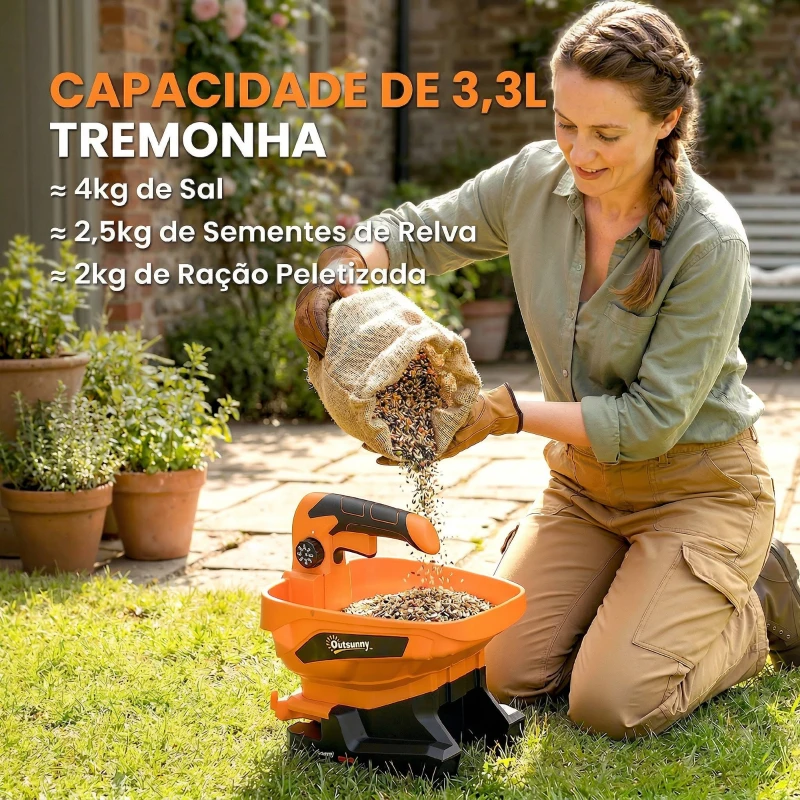 Outsunny Distribuidor Portátil 3,3 L 8 Níveis de Fluxo Largura de Dispersão Ajustável Porta USB para Relva Sal até 800 m² Laranja