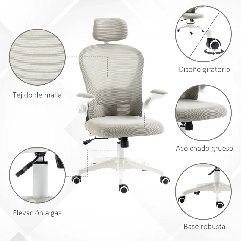 Vinsetto Silla de Oficina de Malla Silla de Escritorio Respaldo Alto Reposacabezas Ajustable Soporte Lumbar 4D 62x64x120 cm Gris