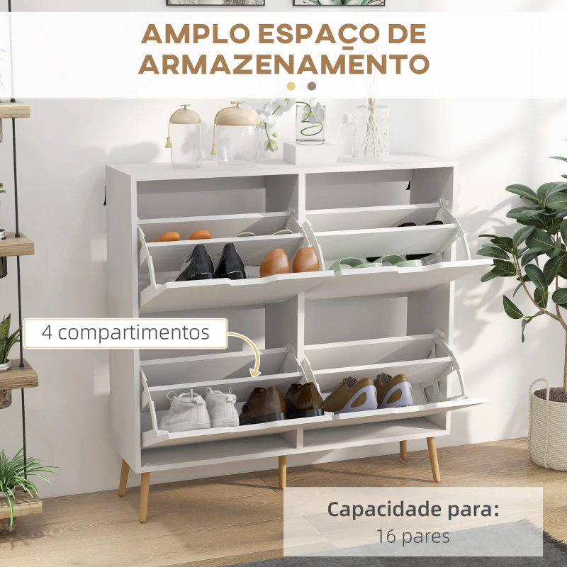 HOMCOM Sapateira para 16 Pares de Sapatos com 4 Gavetas e Prateleiras Ajustáveis 95x26x95 cm Branco