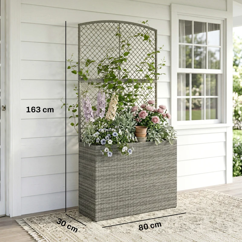 Outsunny Rattan Planter with Trellis, Raised Beds for Garden with Liner for Climbing Plants Vegetables Flowers, Dark Grey