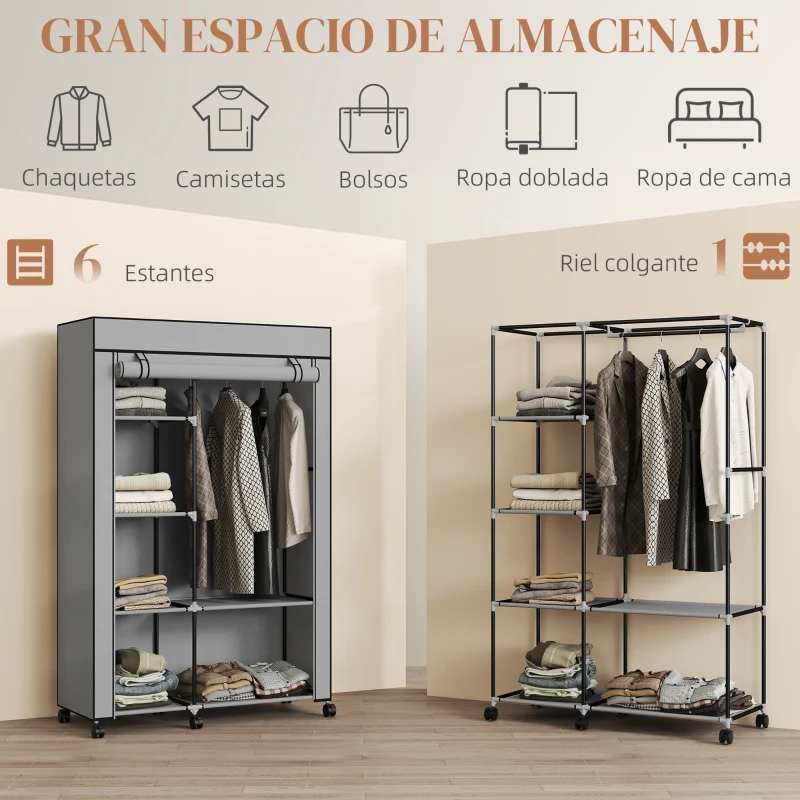 HOMCOM Armario de Tela con Ruedas Ropero Portátil con 6 Estantes y 1 Barra de Colgar para Dormitorio 103x43x162,5 cm Gris