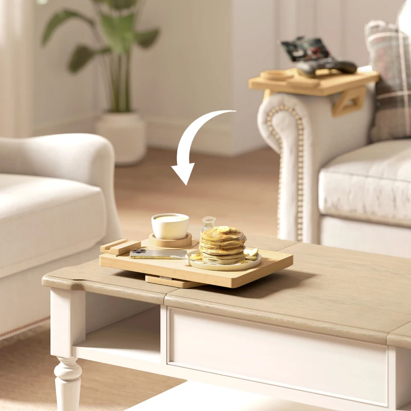 HOMCOM Bandeja para Apoio de Braço de Sofá em Bambu com Porta-Copos Extraível e Suporte Giratório 360° 33x23x5 cm Madeira